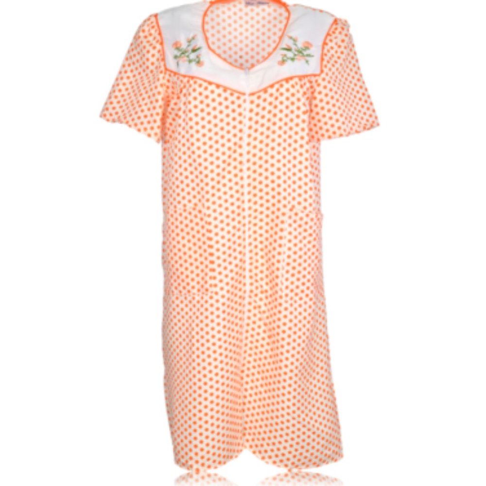 Orange Women's Zipper Front House Dress Short Sleeves Embroidered Housecoat